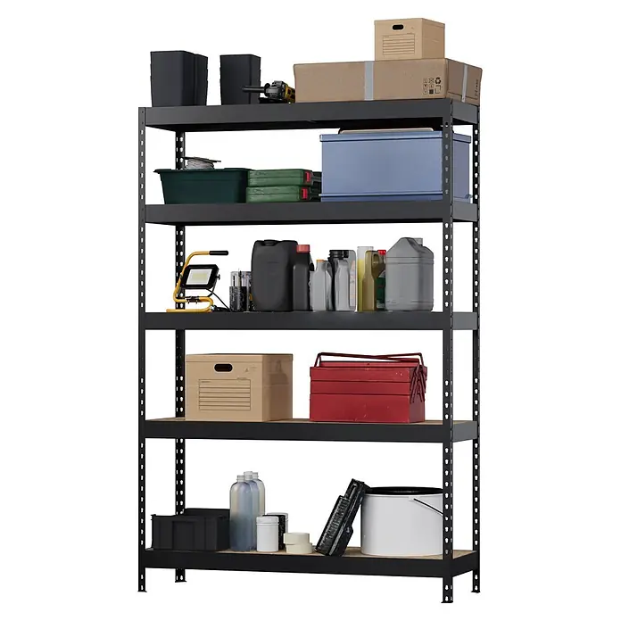 Regalux Metallregal Rivet Atlas - H x B x T: 180 x 120 x 40 cm, Traglast pro Boden: 230 kg, Anzahl Böden: 5 Stk., Stecken, Schwarz - Schwarzes Metallregal gefüllt mit Werkzeugen, Kisten und Behältern.