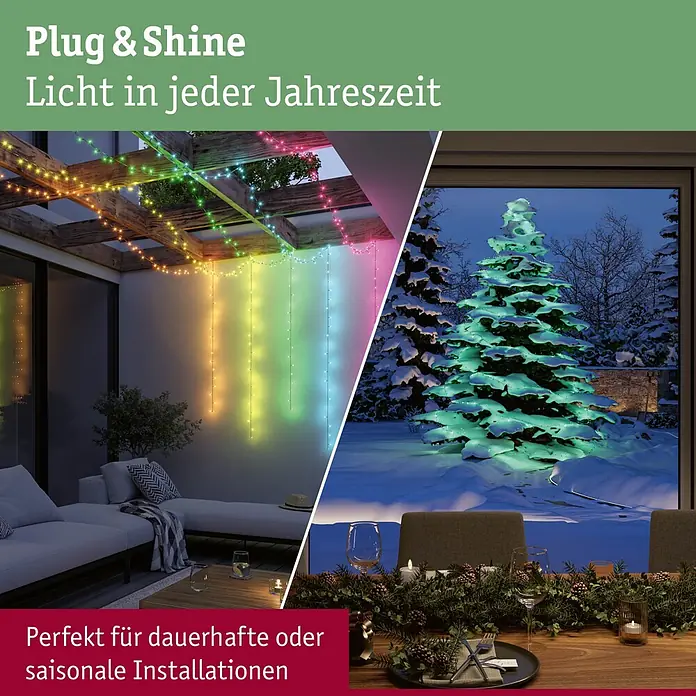 Paulmann Plug & Shine LED-Lichterkette Yuna - Außen, RGB, Länge: 7,4 m - Bunte LED-Lichterketten schmücken eine Terrasse und einen grün beleuchteten Weihnachtsbaum im Schnee.
