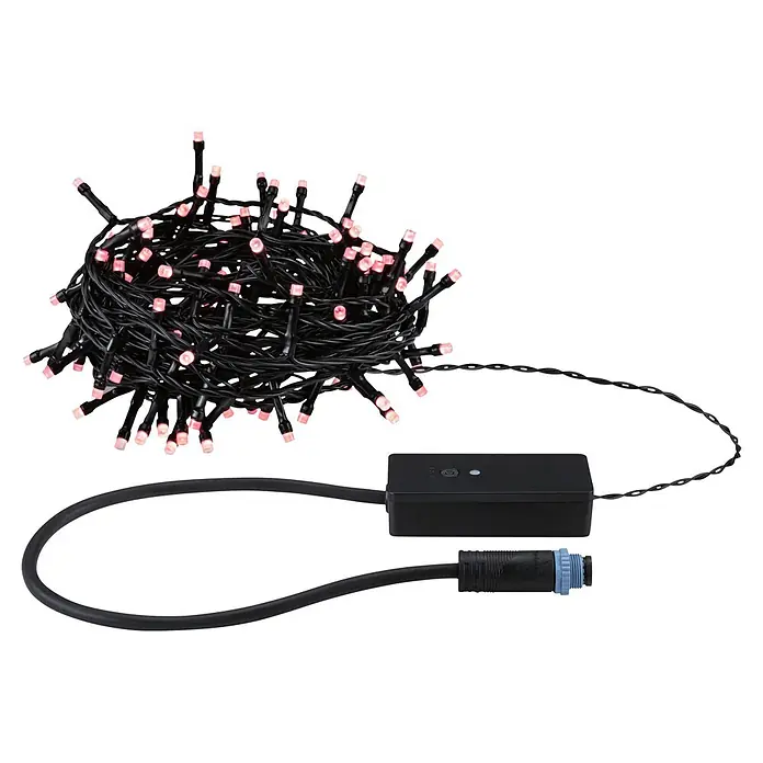 Paulmann Plug & Shine LED-Lichterkette Yuna - Außen, RGB, Länge: 12,4 m - Verhedderte schwarze LED-Lichterkette mit rosa Glühbirnen, einer schwarzen Steuerung und einem schwarzen Kabel mit blauem Stecker.