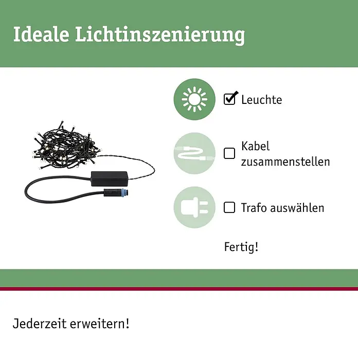 Paulmann Plug & Shine LED-Lichterkette Yuna - Außen, Warmweiß, Länge: 7,4 m - Schwarze Lichterkette mit warmweißen LEDs und Stecker/Trafo für modulare Lichtinszenierung.
