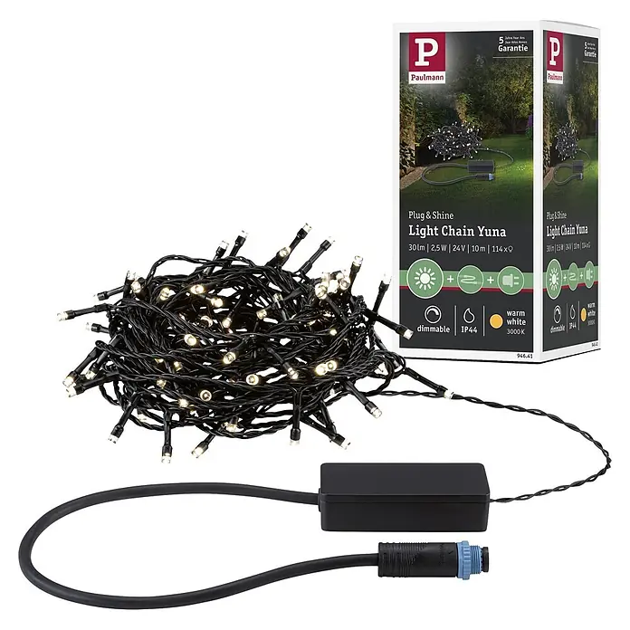 Paulmann Plug & Shine LED-Lichterkette Yuna - Außen, Warmweiß, Länge: 12,4 m - Aufgerollte Paulmann Lichterkette Yuna mit schwarzem Kabel, warmweißen LEDs, schwarzem Netzteil und Produktverpackung. Dimmbar, IP44.