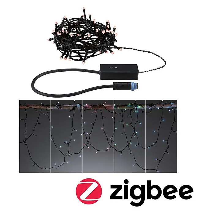 Paulmann Plug & Shine LED-Lichterkette Yuna - Außen, RGB, Länge: 7,4 m - Smarte Zigbee LED-Lichterkette mit schwarzem Kabel und Steuerbox, aufgerollt und leuchtend in Weiß, Pink, Grün, Blau.
