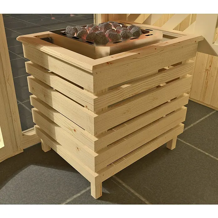 Weka Elementsauna Sara 2 - Bioofen, Steuerung Ofen: Extern, L x B x H: 244 x 194 x 199 cm - Nahaufnahme eines Saunaofens mit Holzverkleidung und glühenden Saunasteinen auf einem Gitter.