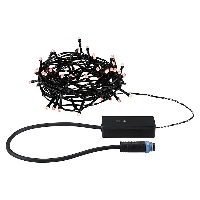 Paulmann Plug & Shine LED-Lichterkette Yuna - Außen, RGB, Länge: 7,4 m - Aufgewickelte schwarze Lichterkette mit warmweißen LED-Birnen, verbunden mit einer schwarzen Steuerbox und einem schwarzen und blauen wasserdichten Stecker.