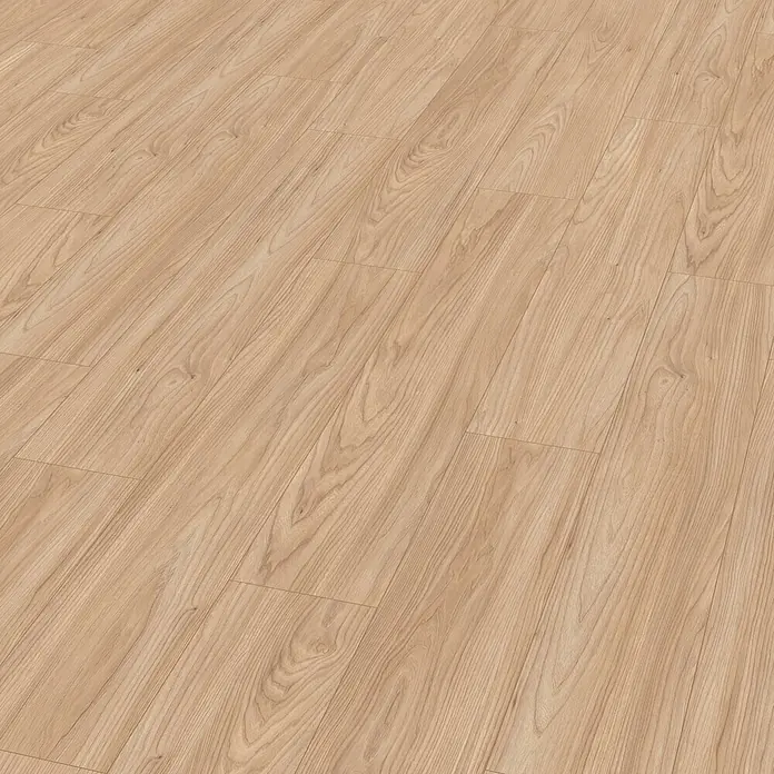 Egger Laminatmuster NatureSense Promo - Sheffield Akazie natur, 297 x 210 x 8 mm, Landhausdiele - Helles Holz-Laminat mit natürlicher Maserung, diagonal verlegt.