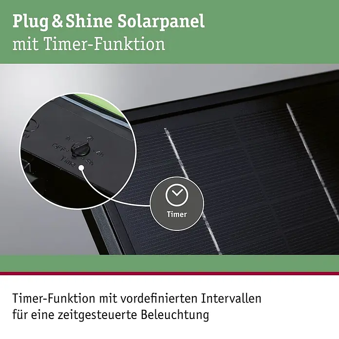 Paulmann Plug & Shine Solarmodul - L x B x H: 5,6 x 18,4 x 41,8 cm - Schwarzes Solarpanel mit Timer-Funktion und Einstellrad für 2, 4 oder 8 Stunden.