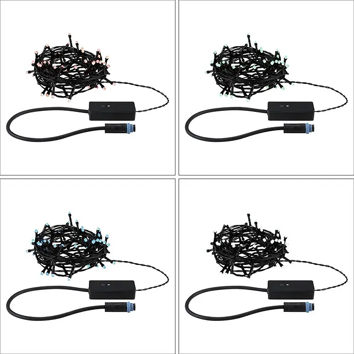 Paulmann Plug & Shine LED-Lichterkette Yuna - Außen, RGB, Länge: 7,4 m - Aufgerollte LED-Lichterkette mit schwarzem Kabel, in Rosa, Grün, Blau und Weiß, verbunden mit einer Steuerbox.