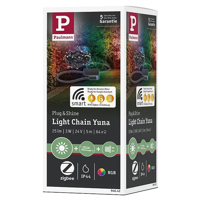 Paulmann Plug & Shine LED-Lichterkette Yuna - Außen, RGB, Länge: 7,4 m - Paulmann Light Chain Yuna Produktverpackung mit Smart Home Logos, 5 Jahren Garantie, RGB und IP44.