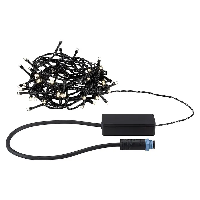 Paulmann Plug & Shine LED-Lichterkette Yuna - Außen, Warmweiß, Länge: 7,4 m - Verknäuelte schwarze Lichterkette mit warmweißen LEDs, verbunden mit einer schwarzen Powerbox und einem Kabel mit blauem wasserdichtem Stecker.