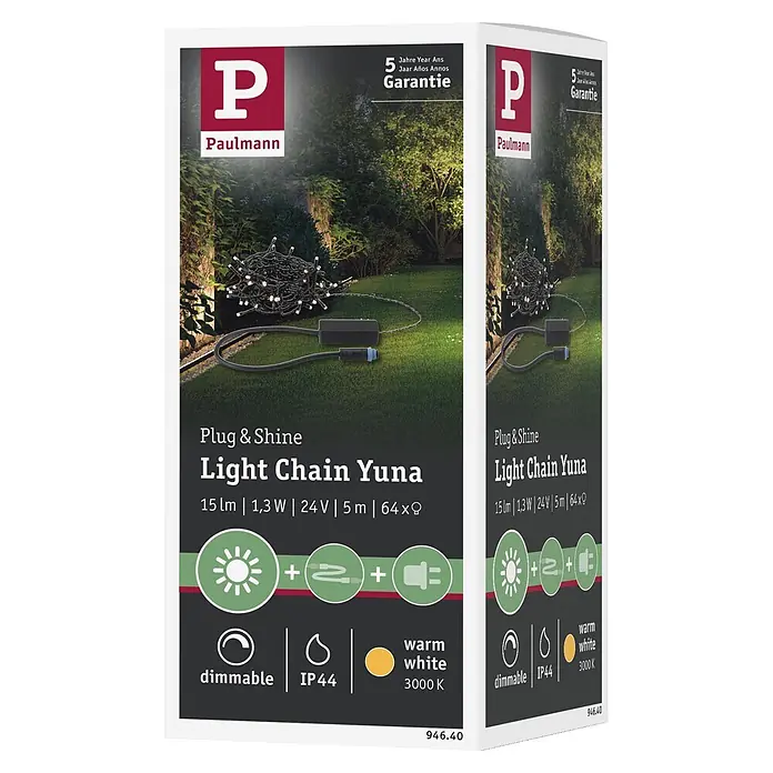 Paulmann Plug & Shine LED-Lichterkette Yuna - Außen, Warmweiß, Länge: 7,4 m - Paulmann Plug & Shine Yuna Lichterkette mit schwarzem Kabel und warmweißen LEDs, aufgerollt für den Außenbereich.