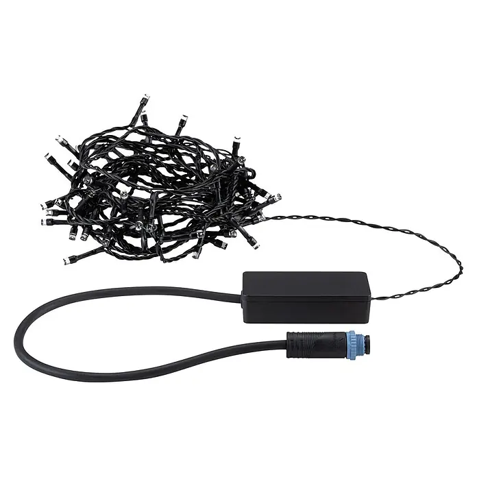 Paulmann Plug & Shine LED-Lichterkette Yuna - Außen, Warmweiß, Länge: 7,4 m - Verworrene schwarze LED-Lichterkette mit kleinen klaren Glühbirnen, verbunden mit einer schwarzen Strombox und einem dicken Anschlusskabel.