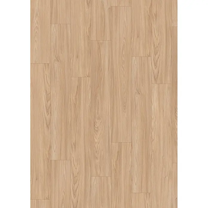 Egger Laminat NatureSense Promo - Sheffield Akazie natur, Landhausdiele, 1.292 x 193 x 8 mm - Hellbrauner Holzboden mit natürlicher Maserung, in versetzten Dielen angeordnet.