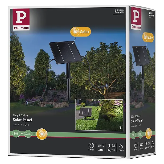 Paulmann Plug & Shine Solarmodul - L x B x H: 5,6 x 18,4 x 41,8 cm - Schwarzes Paulmann Plug & Shine Solarpanel (max. 21W | 24V) zur Stromversorgung von Gartenleuchten, in einer Gartenumgebung installiert.