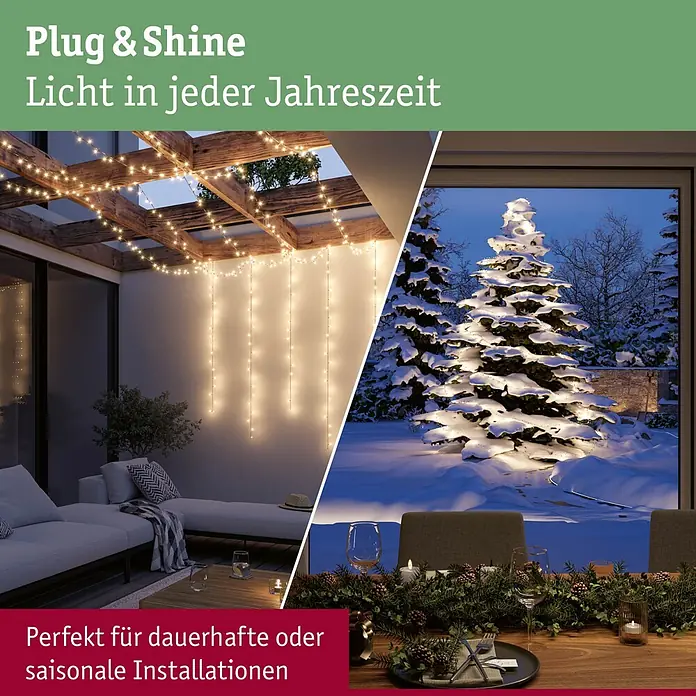 Paulmann Plug & Shine LED-Lichterkette Yuna - Außen, Warmweiß, Länge: 12,4 m - Außenlichterkette beleuchtet Terrasse und Winterlandschaft, perfekt für alle Jahreszeiten.