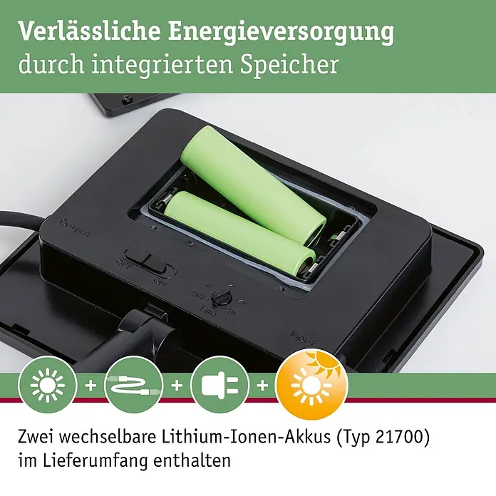 Paulmann Plug & Shine Solarmodul - L x B x H: 5,6 x 18,4 x 41,8 cm - Schwarzes Elektronikgerät mit zwei eingelegten grünen 21700 Lithium-Ionen-Akkus. Es verfügt über Bedienfelder für Zeit und Energiefluss.