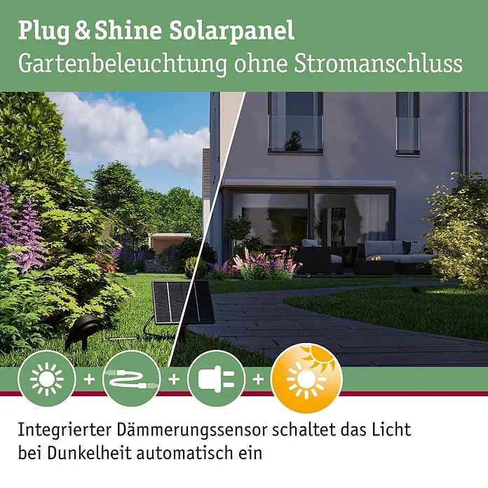 Paulmann Plug & Shine Solarmodul - L x B x H: 5,6 x 18,4 x 41,8 cm - Solargartenstrahler mit schwarzem Panel beleuchtet nachts einen Gartenweg. Integrierter Dämmerungssensor, kein Stromanschluss nötig.