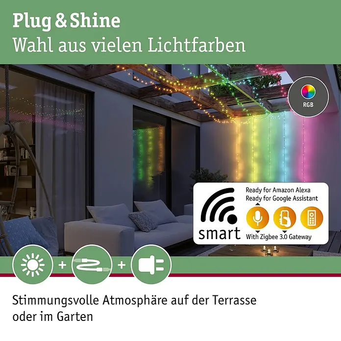 Paulmann Plug & Shine LED-Lichterkette Yuna - Außen, RGB, Länge: 7,4 m - Plug & Shine RGB-Lichterkette für Terrasse oder Garten, smart steuerbar für stimmungsvolle Atmosphäre.