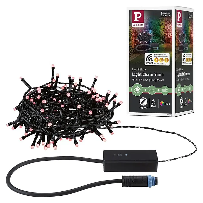 Paulmann Plug & Shine LED-Lichterkette Yuna - Außen, RGB, Länge: 12,4 m - Eine aufgerollte Paulmann Plug & Shine Yuna Lichterkette mit rosa LEDs und schwarzen Kabeln, zusammen mit Steuerbox und Verkaufsverpackung.