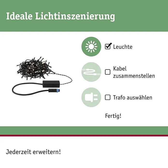 Paulmann Plug & Shine LED-Lichterkette Yuna - Außen, Warmweiß, Länge: 12,4 m - Aufgewickelte LED-Lichterkette mit schwarzem Kabel und Stecker, illustriert eine modulare Beleuchtungssystem-Konfiguration.