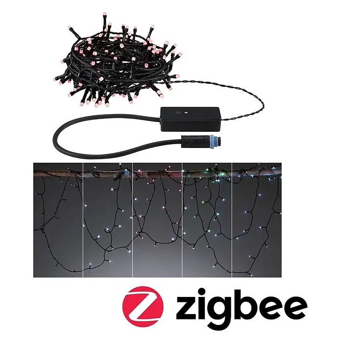 Paulmann Plug & Shine LED-Lichterkette Yuna - Außen, RGB, Länge: 12,4 m - Multicolor-LED-Lichterkette mit schwarzem Kabel und Zigbee-Steuerbox. Die Lichter sind aufgerollt und leuchtend an einem Ast gezeigt.
