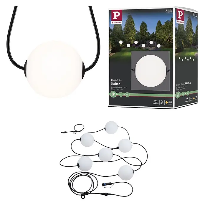 Paulmann Plug & Shine LED-Lichterkette Naima Basisset - Außen, Warmweiß, Anzahl Leuchtmittel: 6 Stk., Länge: 5,8 m, Netzbetrieben - Paulmann Plug & Shine Naima: Dimmbare, warmweiße IP67 LED-Kugelleuchten (6 Stück) mit schwarzem Kabel für außen.