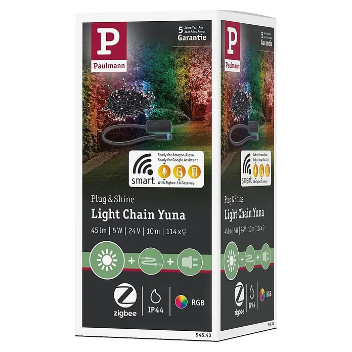 Paulmann Plug & Shine LED-Lichterkette Yuna - Außen, RGB, Länge: 12,4 m - Paulmann Light Chain Yuna smarte RGB LED Lichterkette für den Außenbereich, kompatibel mit Zigbee, Alexa und Google Assistant.
