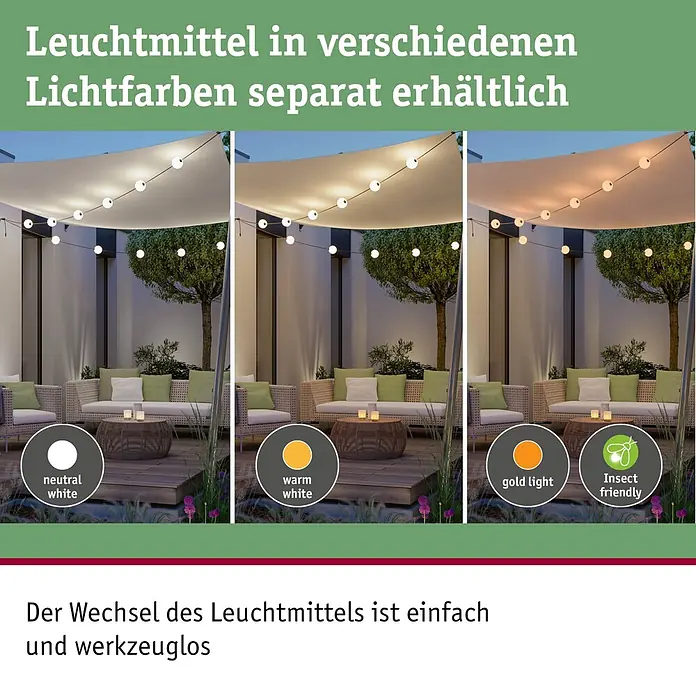 Paulmann Plug & Shine LED-Lichterkette Naima Basisset - Außen, Warmweiß, Anzahl Leuchtmittel: 6 Stk., Länge: 5,8 m, Netzbetrieben - Außenlichterkette mit drei Lichtfarben: Neutralweiß, Warmweiß und insektenfreundlichem Goldlicht. Leuchtmittel sind separat erhältlich und leicht wechselbar.