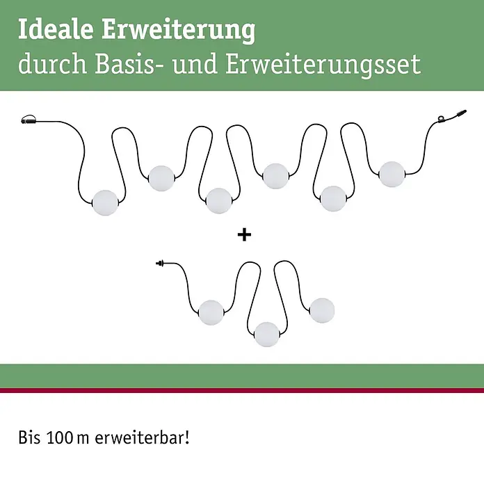 Paulmann Plug & Shine Erweiterungs-Set Naima Erweiterungsset - Länge: 1,7 m, Anzahl Leuchtmittel: 3 Stk., Warmweiß - Weiße Kugellichter an schwarzen Wellenkabeln, zeigen ein Basis- und Erweiterungsset, erweiterbar.