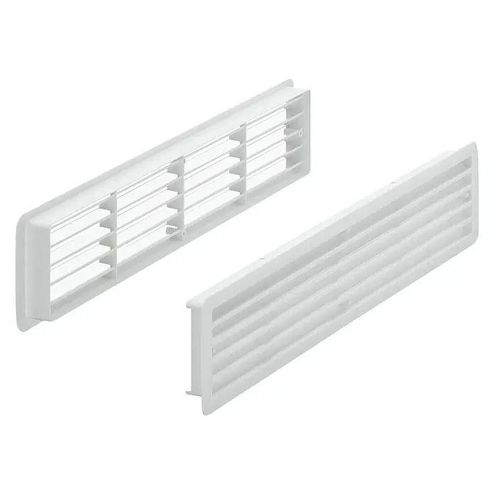Häfele Reja de ventilación - An x Al: 457 x 92 mm, Dimensiones de instalación: 433 x 77 mm, Apto para: Espesores de puerta de 35 - 40 mm - Dos rejillas de ventilación de plástico blancas. Ideales para una buena ventilación y un aspecto elegante.