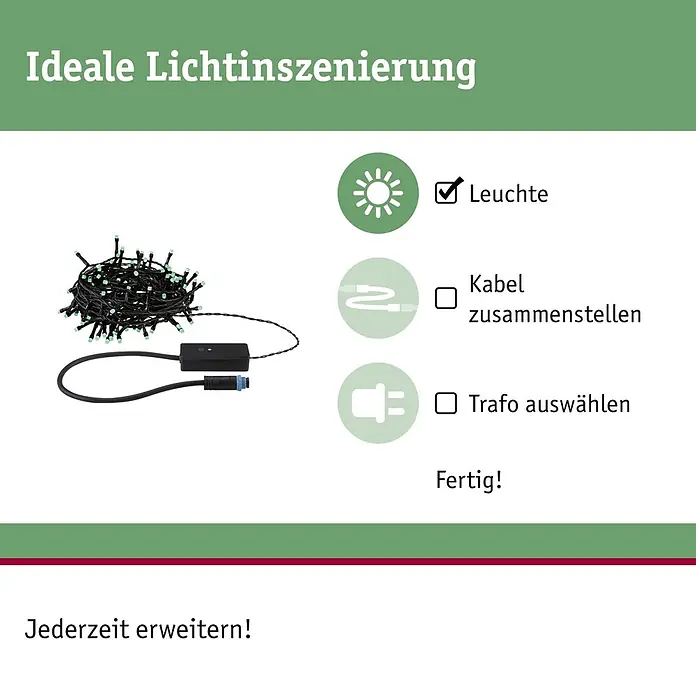 Paulmann Plug & Shine LED-Lichterkette Yuna - Außen, RGB, Länge: 12,4 m - Grüne LED-Lichterkette mit schwarzem Kabel und Steckverbinder, Teil eines modularen Lichtsystems zur einfachen Montage.