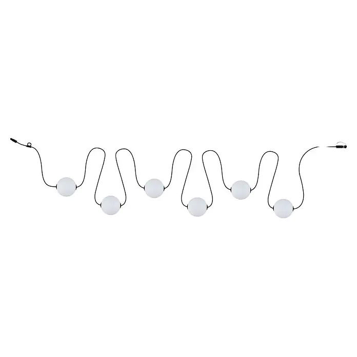 Paulmann Plug & Shine LED-Lichterkette Naima Basisset - Außen, Warmweiß, Anzahl Leuchtmittel: 6 Stk., Länge: 5,8 m, Netzbetrieben - Schwarze Lichterkette mit sechs weißen, kugelförmigen, mattierten Glühbirnen und Anschlüssen an beiden Enden.
