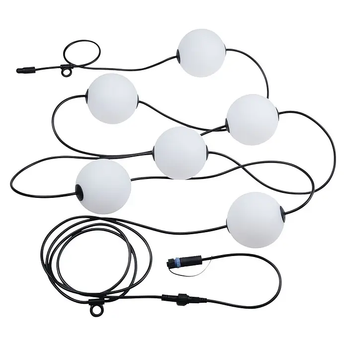 Paulmann Plug & Shine LED-Lichterkette Naima Basisset - Außen, Warmweiß, Anzahl Leuchtmittel: 6 Stk., Länge: 5,8 m, Netzbetrieben - Lichterkette mit schwarzen Kabeln und mehreren weißen kugelförmigen Lampen sowie Anschlüssen.