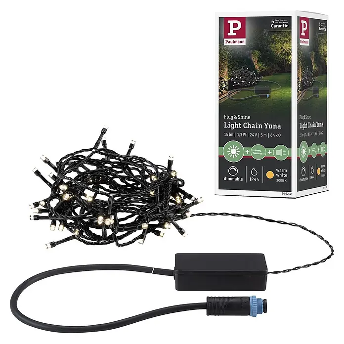 Paulmann Plug & Shine LED-Lichterkette Yuna - Außen, Warmweiß, Länge: 7,4 m - Gekräuselte Paulmann Plug & Shine Lichterkette Yuna mit warmweißen LEDs, schwarzem Netzteil und Verpackung.