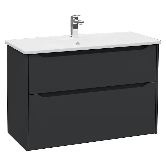 VitrA Integra Square Badmöbel-Set - Gesamtbreite Badmöbel: 100 cm, Graphit, Matt - Dunkelgrauer Badunterschrank mit weißem Keramikwaschbecken und Chromarmatur.