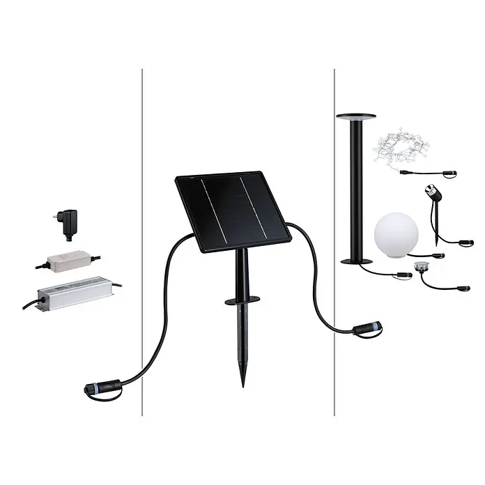 Paulmann Plug & Shine Solarmodul - L x B x H: 5,6 x 18,4 x 41,8 cm - Bestandteile eines modularen solarbetriebenen Gartenbeleuchtungssystems, darunter ein schwarzes Solarpanel, verschiedene LED-Leuchten und Netzteile.