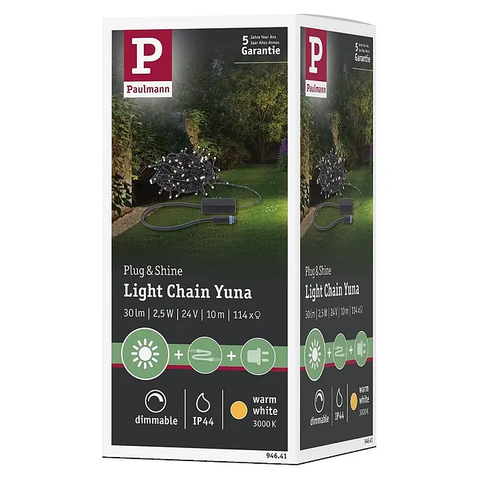 Paulmann Plug & Shine LED-Lichterkette Yuna - Außen, Warmweiß, Länge: 12,4 m - Paulmann Lichtkette Yuna (10m, schwarzes Kabel, warmweiße LEDs, dimmbar, IP44) auf Produktverpackung.
