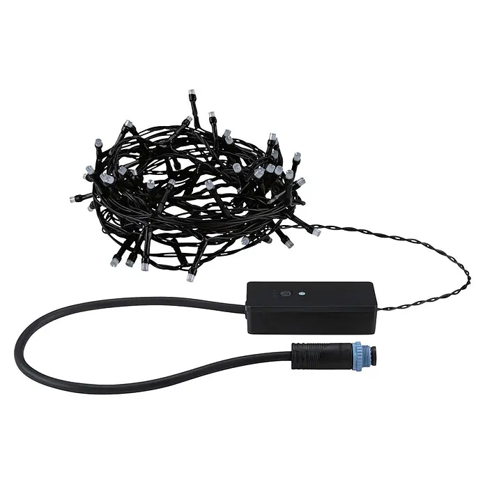 Paulmann Plug & Shine LED-Lichterkette Yuna - Außen, RGB, Länge: 7,4 m - Geknotete Lichterkette mit schwarzen LED-Leuchten und klaren Birnen, verbunden mit schwarzer Steuerbox und Kabel.