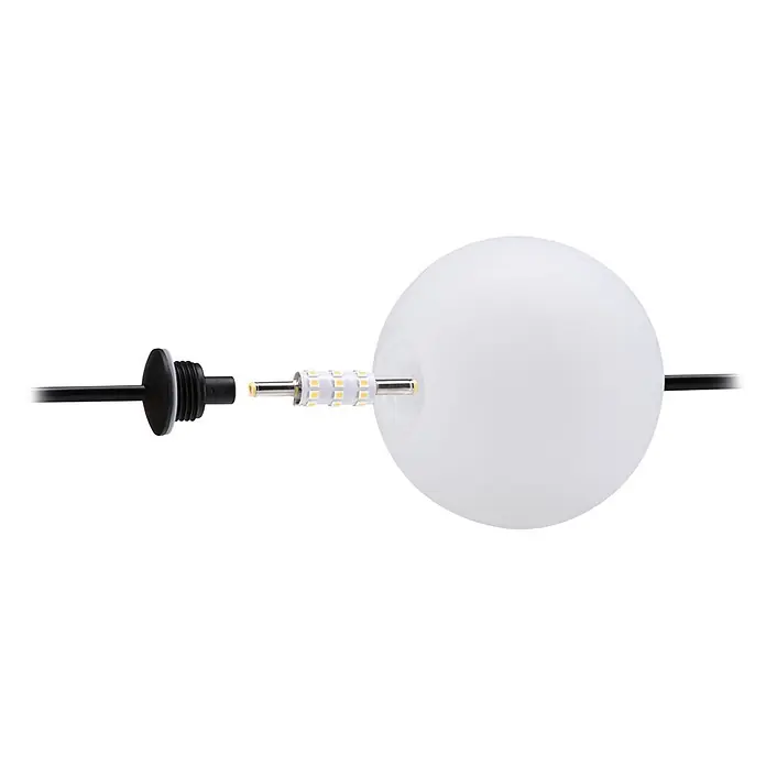 Paulmann Plug & Shine LED-Lichterkette Naima Basisset - Außen, Warmweiß, Anzahl Leuchtmittel: 6 Stk., Länge: 5,8 m, Netzbetrieben - Zerlegte weiße LED-Kugelleuchte: schwarzes Kabel, G4 LED-Lampe und mattiertes Kugelgehäuse.