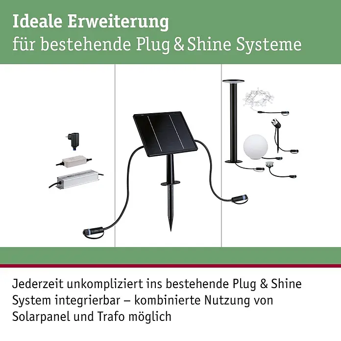 Paulmann Plug & Shine Solarmodul - L x B x H: 5,6 x 18,4 x 41,8 cm - Komponenten für Plug & Shine System: schwarzes Solarpanel, Netzteile und diverse Leuchten (Wegeleuchte, Kugelleuchte, Strahler, Lichterkette). Solar- oder Trafo-Betrieb möglich.