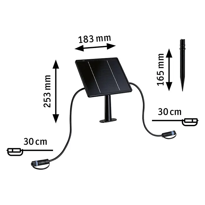 Paulmann Plug & Shine Solarmodul - L x B x H: 5,6 x 18,4 x 41,8 cm - Schwarzes Solarpanel mit zwei Kabeln und einem Erdspieß, zeigt seine Maße.