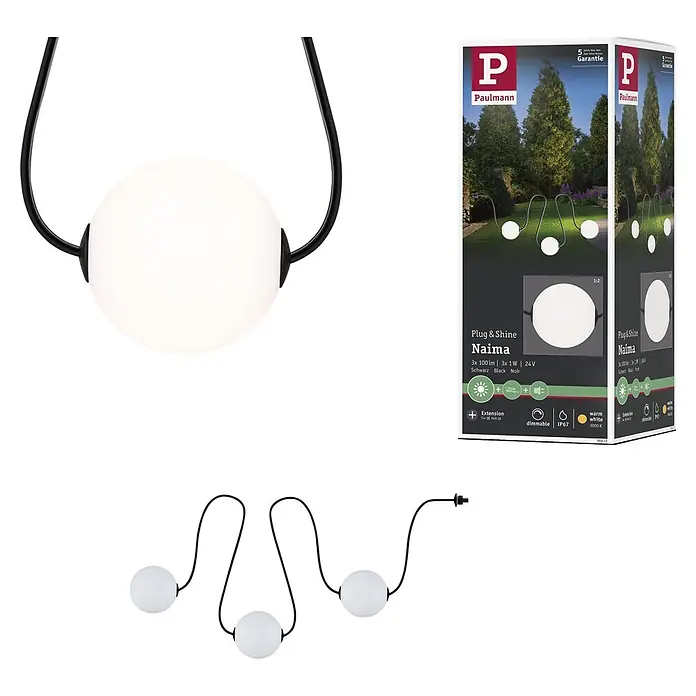 Paulmann Plug & Shine Erweiterungs-Set Naima Erweiterungsset - Länge: 1,7 m, Anzahl Leuchtmittel: 3 Stk., Warmweiß - Paulmann Plug & Shine Naima Gartenleuchten: drei weiße Kugelleuchten an schwarzen Kabeln, zusammen mit der Verpackung.