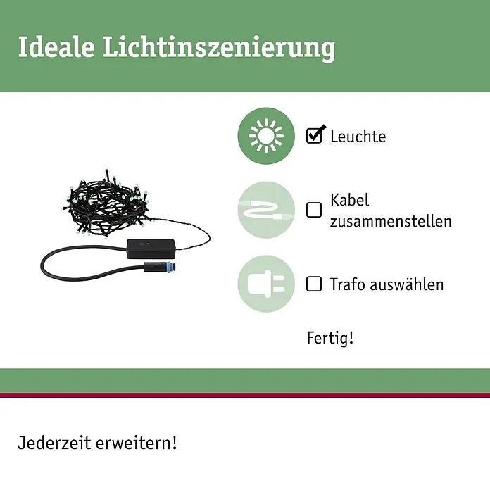 Paulmann Plug & Shine LED-Lichterkette Yuna - Außen, RGB, Länge: 7,4 m - Zusammengerollte grüne LED-Lichterkette mit schwarzem Kabel, Steuerbox und Stecker.