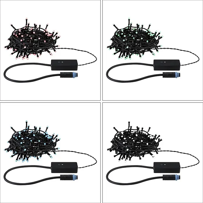 Paulmann Plug & Shine LED-Lichterkette Yuna - Außen, RGB, Länge: 12,4 m - Vier Sets aufgewickelter LED-Lichterketten in Rosa, Grün, Blau und Weiß, jeweils mit schwarzer Steuerbox und Stromanschluss.