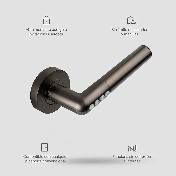 AYR Cerradura electrónica Smart Handle - Bluetooth, Smart Access, Acero, Negro, Satinado - Manilla inteligente color bronce oscuro con teclado numérico visible.