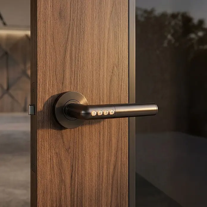 AYR Cerradura electrónica Smart Handle - Bluetooth, Smart Access, Acero, Negro, Satinado - Manija de puerta inteligente de bronce oscuro con teclado numérico iluminado en una puerta de madera.