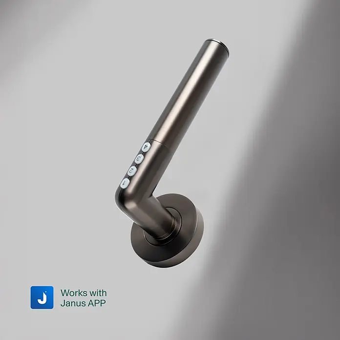 AYR Cerradura electrónica Smart Handle - Bluetooth, Smart Access, Acero, Negro, Satinado - Manilla de puerta inteligente de metal oscuro con teclado integrado (números 1-4 visibles) para acceso seguro.