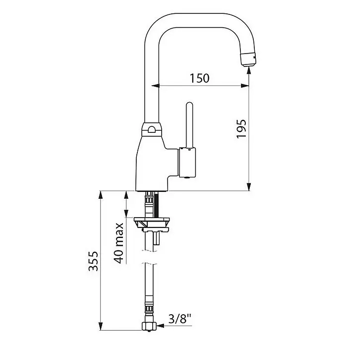 Delabie Waschtischarmatur Delabie EHM für WT, Schwenkauslauf H195 L150mm ohne Ablaufgarnitur -  - Maßzeichnung einer Einhebel-Küchenarmatur mit L-Auslauf, inklusive Installationsmaßen.