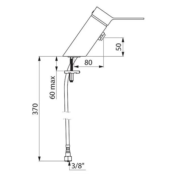 Delabie Waschtischarmatur 2621MINI -  - Technische Zeichnung eines geneigten Wasserhahns mit Einbaumaßen: 370mm Höhe, max. 60mm Arbeitsplattenstärke, 80mm Tiefe, 3/8 Zoll Anschluss.