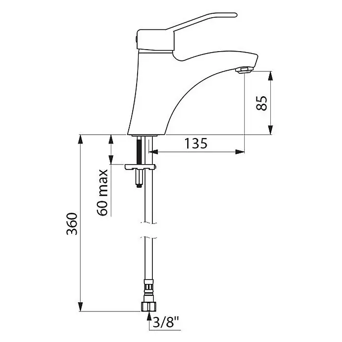 Delabie Waschtischarmatur Delabie EHM f. WT, m. EP, H85 L135 mm, ohne Zugst.Ablgarn., Bügelgr. -  - Einhebelmischer-Schema mit Schlüsselmaßen: 85mm Auslaufhöhe, 135mm Ausladung, 360mm Gesamthöhe, 3/8" Anschluss.