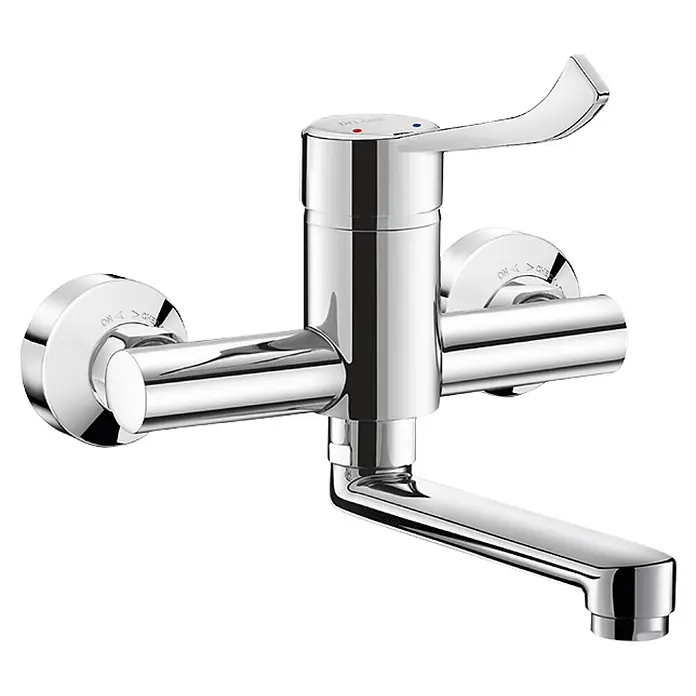 Delabie Waschtischarmatur Delabie SPT-EHM W.-Mont. EP Securit. Schwenkausl. L.150 H-Hebel, S/C -  - Verchromte Wand-Einhebel-Küchenarmatur mit integrierten Absperrventilen und geradem Auslauf.